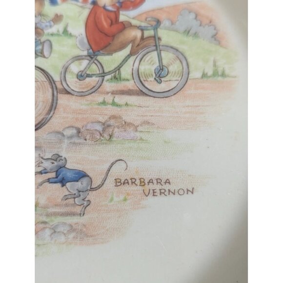 Vintage Signed Barbara Vernon Royal Doulton Bunnykins Oval Dish Riding Bikes - Picture 2 of 8